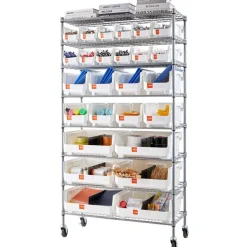 VEVOR 8-Tier Rolling Bin Storage Rack, 26 Organizer Bins, Bin Rack Storage Steel Wire Shelving System with Wheels, Mobile Tool Organizer for Garage, Warehouse, Office, Restaurant, Classroom, Kitchen