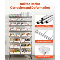 VEVOR 8-Tier Rolling Bin Storage Rack, 26 Organizer Bins, Bin Rack Storage Steel Wire Shelving System with Wheels, Mobile Tool Organizer for Garage, Warehouse, Office, Restaurant, Classroom, Kitchen