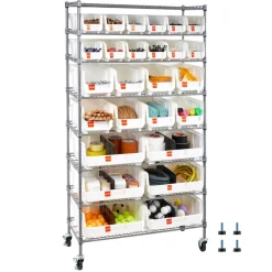 VEVOR 8-Tier Rolling Bin Storage Rack, 26 Organizer Bins, Bin Rack Storage Steel Wire Shelving System with Wheels, Mobile Tool Organizer for Garage, Warehouse, Office, Restaurant, Classroom, Kitchen