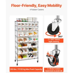 VEVOR 8-Tier Rolling Bin Storage Rack, 26 Organizer Bins, Bin Rack Storage Steel Wire Shelving System with Wheels, Mobile Tool Organizer for Garage, Warehouse, Office, Restaurant, Classroom, Kitchen