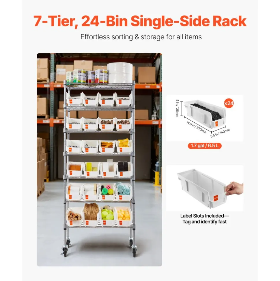 VEVOR 7-Tier Rolling Bin Storage Rack, 24 Small Bins, Bin Rack Storage Steel Wire Shelving System with Wheels, Mobile Tool Organizer for Garage, Warehouse, Office, Restaurant, Classroom, Kitchen