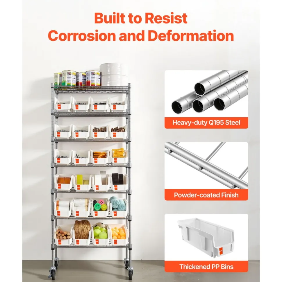 VEVOR 7-Tier Rolling Bin Storage Rack, 24 Small Bins, Bin Rack Storage Steel Wire Shelving System with Wheels, Mobile Tool Organizer for Garage, Warehouse, Office, Restaurant, Classroom, Kitchen