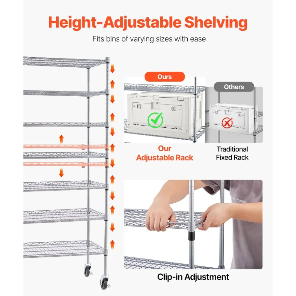 VEVOR 7-Tier Rolling Bin Storage Rack, 24 Small Bins, Bin Rack Storage Steel Wire Shelving System with Wheels, Mobile Tool Organizer for Garage, Warehouse, Office, Restaurant, Classroom, Kitchen