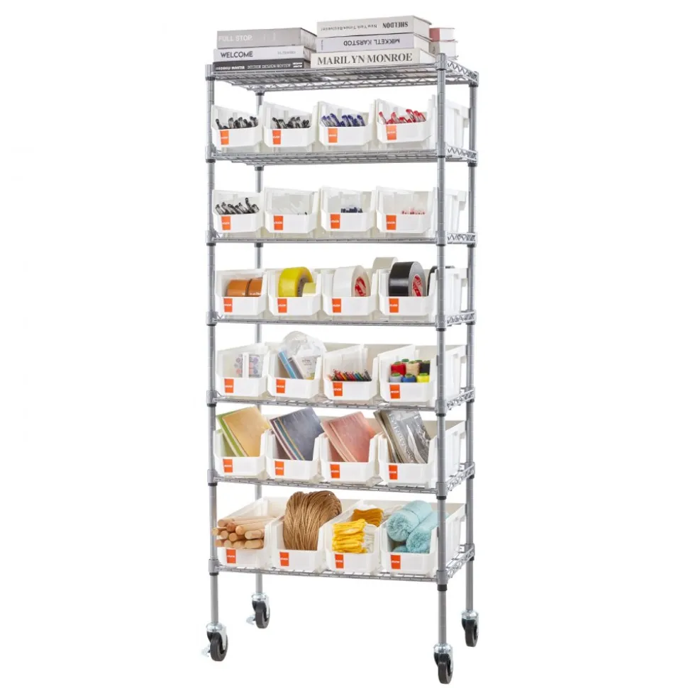 VEVOR 7-Tier Rolling Bin Storage Rack, 24 Small Bins, Bin Rack Storage Steel Wire Shelving System with Wheels, Mobile Tool Organizer for Garage, Warehouse, Office, Restaurant, Classroom, Kitchen