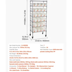 VEVOR 7-Tier Rolling Bin Storage Rack, 24 Small Bins, Bin Rack Storage Steel Wire Shelving System with Wheels, Mobile Tool Organizer for Garage, Warehouse, Office, Restaurant, Classroom, Kitchen