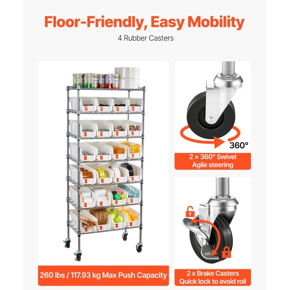VEVOR 7-Tier Rolling Bin Storage Rack, 24 Small Bins, Bin Rack Storage Steel Wire Shelving System with Wheels, Mobile Tool Organizer for Garage, Warehouse, Office, Restaurant, Classroom, Kitchen