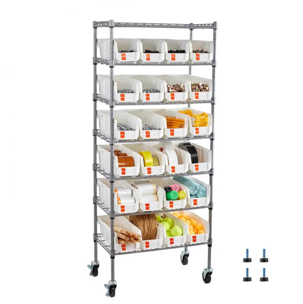 VEVOR 7-Tier Rolling Bin Storage Rack, 24 Small Bins, Bin Rack Storage Steel Wire Shelving System with Wheels, Mobile Tool Organizer for Garage, Warehouse, Office, Restaurant, Classroom, Kitchen