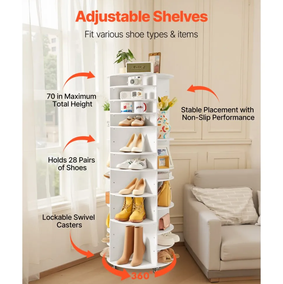 VEVOR 7 Tier Rotating Shoe Rack Tower with Adjustable Shelves, Movable 360° Spinning Carousel Display with Wheels, Lazy Susan Organizer Closet for Bedroom, Living Room, Entryway, Closet, White