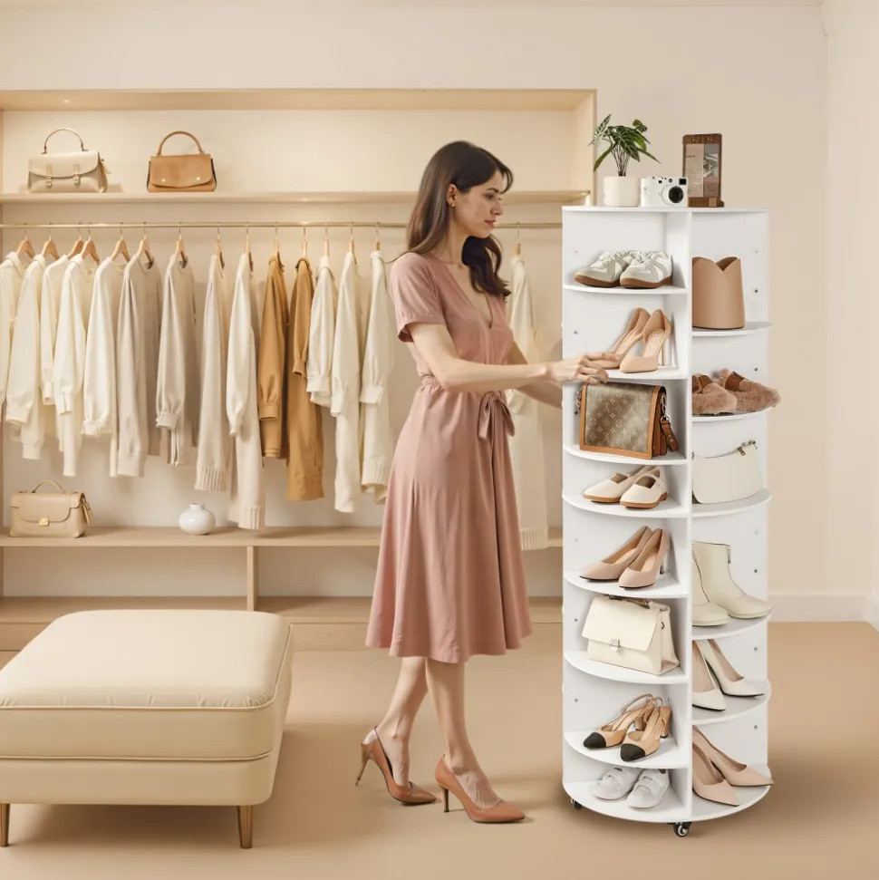 VEVOR 7 Tier Rotating Shoe Rack Tower with Adjustable Shelves, Movable 360° Spinning Carousel Display with Wheels, Lazy Susan Organizer Closet for Bedroom, Living Room, Entryway, Closet, White