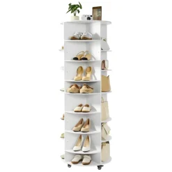 VEVOR 7 Tier Rotating Shoe Rack Tower with Adjustable Shelves, Movable 360° Spinning Carousel Display with Wheels, Lazy Susan Organizer Closet for Bedroom, Living Room, Entryway, Closet, White