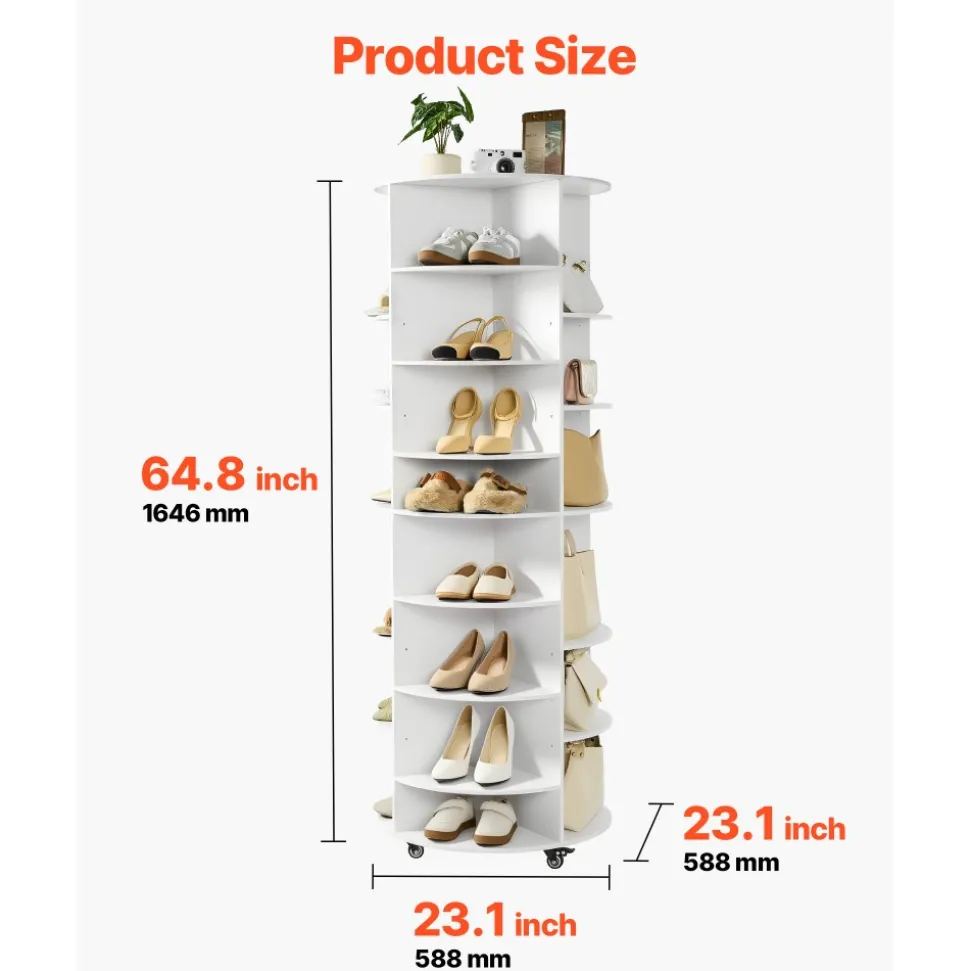 VEVOR 7 Tier Rotating Shoe Rack Tower with Adjustable Shelves, Movable 360° Spinning Carousel Display with Wheels, Lazy Susan Organizer Closet for Bedroom, Living Room, Entryway, Closet, White