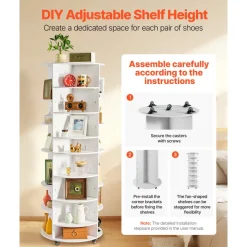 VEVOR 7 Tier Rotating Shoe Rack Tower with Adjustable Shelves, Movable 360° Spinning Carousel Display with Wheels, Lazy Susan Organizer Closet for Bedroom, Living Room, Entryway, Closet, White
