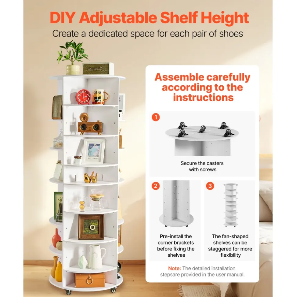 VEVOR 7 Tier Rotating Shoe Rack Tower with Adjustable Shelves, Movable 360° Spinning Carousel Display with Wheels, Lazy Susan Organizer Closet for Bedroom, Living Room, Entryway, Closet, White