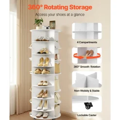 VEVOR 7 Tier Rotating Shoe Rack Tower with Adjustable Shelves, Movable 360° Spinning Carousel Display with Wheels, Lazy Susan Organizer Closet for Bedroom, Living Room, Entryway, Closet, White