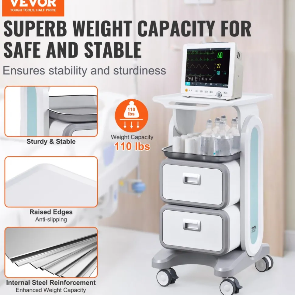 VEVOR 3 Tiers Lab Carts, Lab Utility Cart with 2 Drawers & 1 Top Tray, Mobile Medical Cart with ABS Material, Lab Rolling Cart with 4 Silent Wheels for Lab, Clinic, Hospital, Salon, White