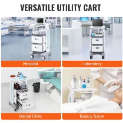 VEVOR 3 Tiers Lab Carts, Lab Utility Cart with 2 Drawers & 1 Top Tray, Mobile Medical Cart with ABS Material, Lab Rolling Cart with 4 Silent Wheels for Lab, Clinic, Hospital, Salon, White