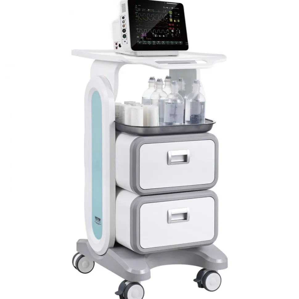 VEVOR 3 Tiers Lab Carts, Lab Utility Cart with 2 Drawers & 1 Top Tray, Mobile Medical Cart with ABS Material, Lab Rolling Cart with 4 Silent Wheels for Lab, Clinic, Hospital, Salon, White