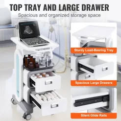 VEVOR 3 Tiers Lab Carts, Lab Utility Cart with 2 Drawers & 1 Top Tray, Mobile Medical Cart with ABS Material, Lab Rolling Cart with 4 Silent Wheels for Lab, Clinic, Hospital, Salon, White