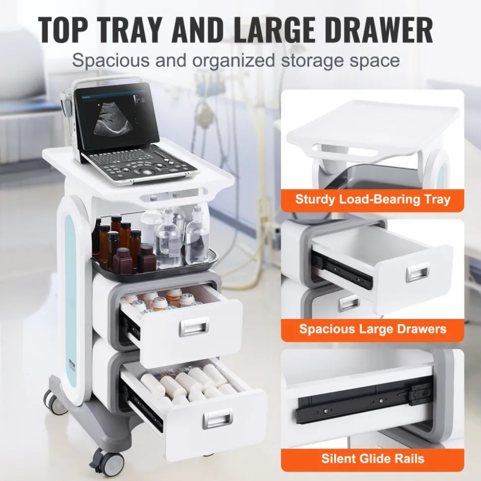 VEVOR 3 Tiers Lab Carts, Lab Utility Cart with 2 Drawers & 1 Top Tray, Mobile Medical Cart with ABS Material, Lab Rolling Cart with 4 Silent Wheels for Lab, Clinic, Hospital, Salon, White