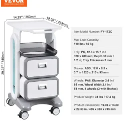 VEVOR 3 Tiers Lab Carts, Lab Utility Cart with 2 Drawers & 1 Top Tray, Mobile Medical Cart with ABS Material, Lab Rolling Cart with 4 Silent Wheels for Lab, Clinic, Hospital, Salon, White