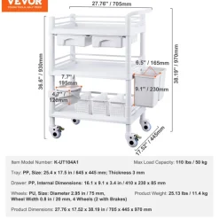 VEVOR 3 Tiers Lab Carts, Lab Utility Cart with 3 Trays & 4 Silent Wheels, Mobile Medical Cart with PP Material, Lab Rolling Cart with 3 Trash Cans for Lab, Clinic, Hospital, Salon, White