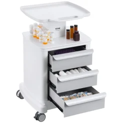 VEVOR 4 Tiers Lab Carts, Lab Utility Cart with 3 Drawers & 1 Top Tray, Mobile Medical Cart with ABS Material, Lab Rolling Cart with 4 Silent Wheels for Lab, Clinic, Hospital, Salon, White