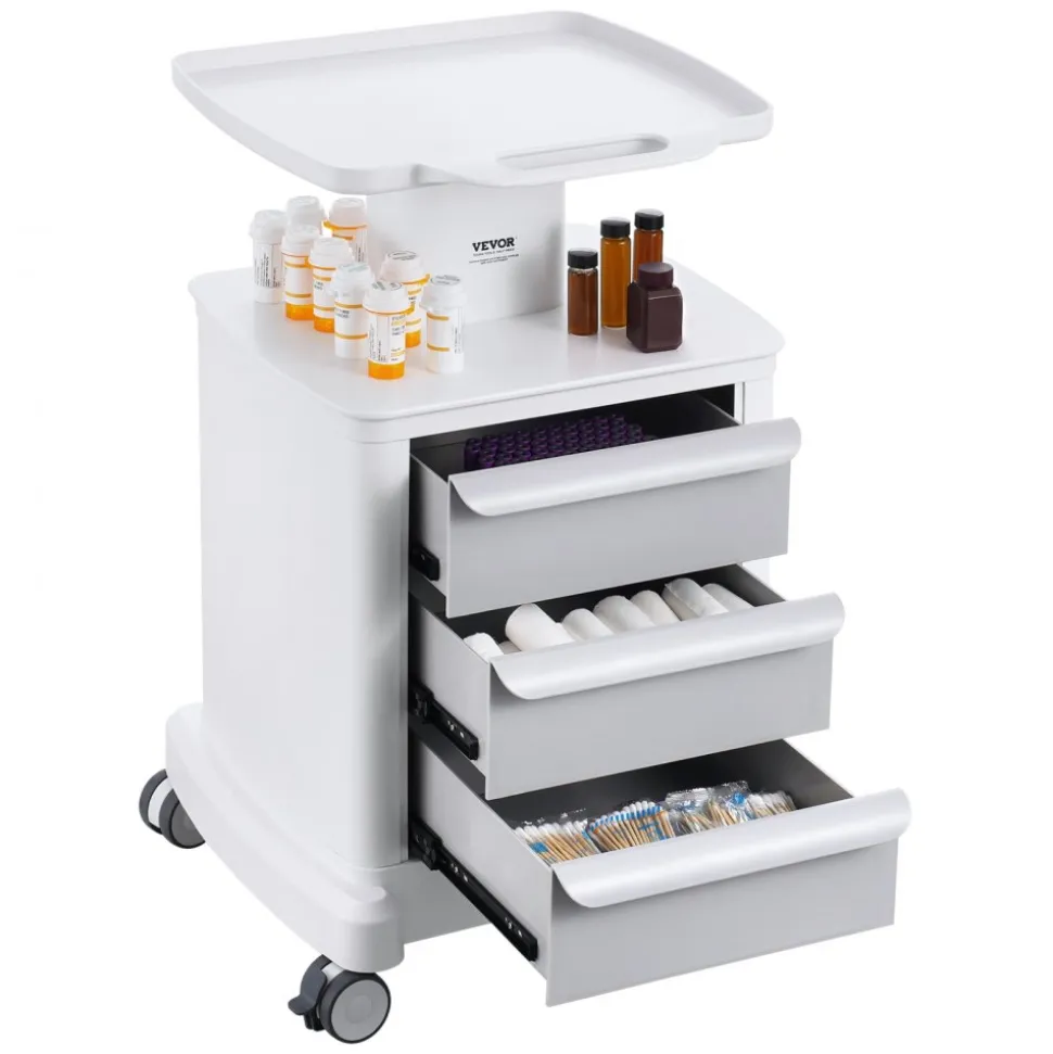 VEVOR 4 Tiers Lab Carts, Lab Utility Cart with 3 Drawers & 1 Top Tray, Mobile Medical Cart with ABS Material, Lab Rolling Cart with 4 Silent Wheels for Lab, Clinic, Hospital, Salon, White