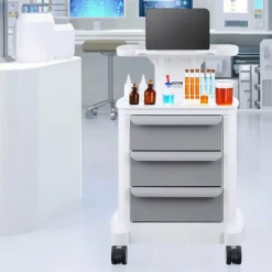 VEVOR 4 Tiers Lab Carts, Lab Utility Cart with 3 Drawers & 1 Top Tray, Mobile Medical Cart with ABS Material, Lab Rolling Cart with 4 Silent Wheels for Lab, Clinic, Hospital, Salon, White