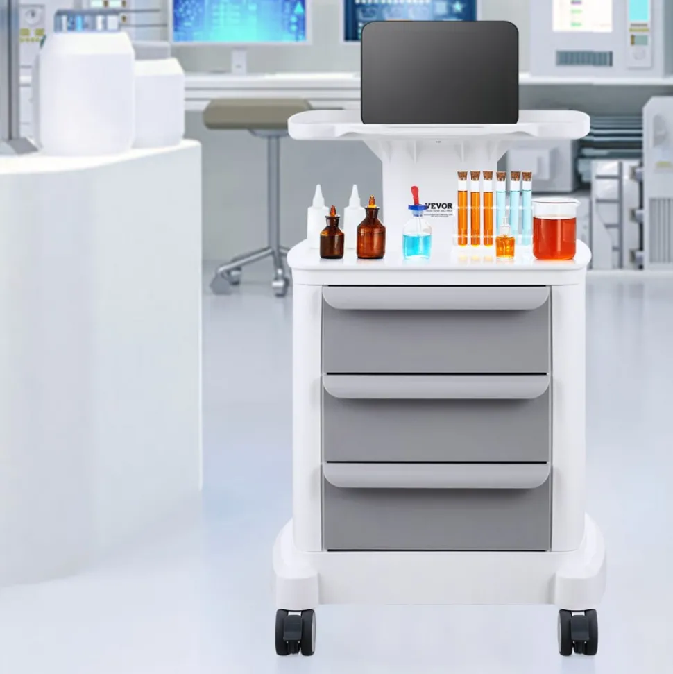 VEVOR 4 Tiers Lab Carts, Lab Utility Cart with 3 Drawers & 1 Top Tray, Mobile Medical Cart with ABS Material, Lab Rolling Cart with 4 Silent Wheels for Lab, Clinic, Hospital, Salon, White