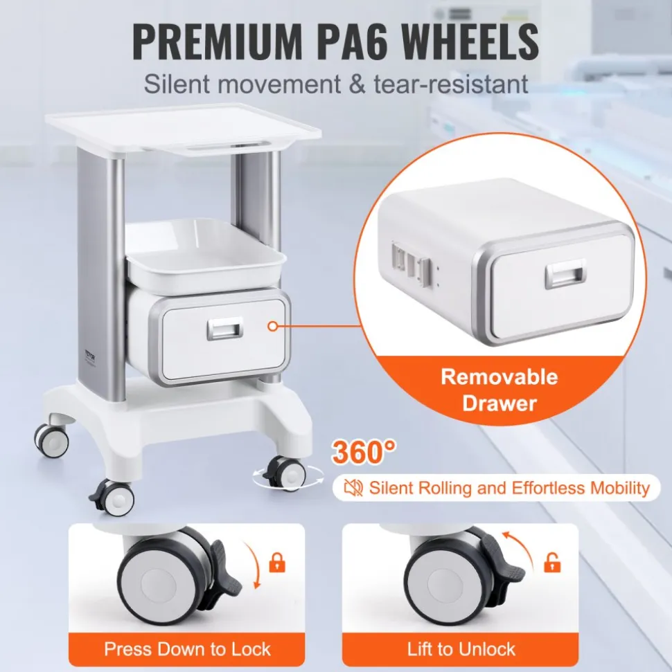 VEVOR 2 Tiers Lab Carts, Lab Utility Cart with 1 Drawer & 1 Top Tray, Mobile Medical Cart with ABS Material, Lab Rolling Cart with 4 Silent Wheels for Lab, Clinic, Hospital, Salon, White