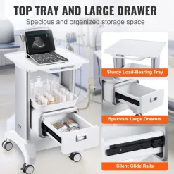 VEVOR 2 Tiers Lab Carts, Lab Utility Cart with 1 Drawer & 1 Top Tray, Mobile Medical Cart with ABS Material, Lab Rolling Cart with 4 Silent Wheels for Lab, Clinic, Hospital, Salon, White