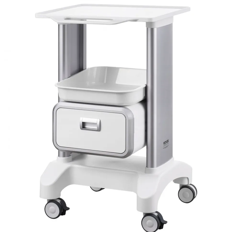 VEVOR 2 Tiers Lab Carts, Lab Utility Cart with 1 Drawer & 1 Top Tray, Mobile Medical Cart with ABS Material, Lab Rolling Cart with 4 Silent Wheels for Lab, Clinic, Hospital, Salon, White