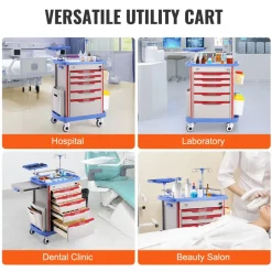 VEVOR 5 Tiers Lab Carts, Lab Utility Cart with 5 Drawers & 4 Silent Wheels, Mobile Medical Cart with PP Material, Lab Rolling Cart with 2 Trash Cans for Lab, Clinic, Hospital, Salon, Blue
