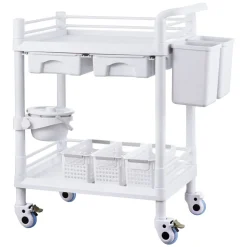 VEVOR 2 Tiers Lab Carts, Lab Utility Cart with 2 Trays, 2 Drawers & 4 Silent Wheels, Mobile Medical Cart with PP Material, Lab Rolling Cart with 3 Trash Cans for Lab, Clinic, Hospital, Salon, White