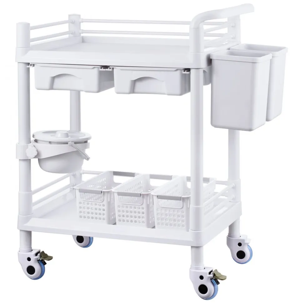 VEVOR 2 Tiers Lab Carts, Lab Utility Cart with 2 Trays, 2 Drawers & 4 Silent Wheels, Mobile Medical Cart with PP Material, Lab Rolling Cart with 3 Trash Cans for Lab, Clinic, Hospital, Salon, White