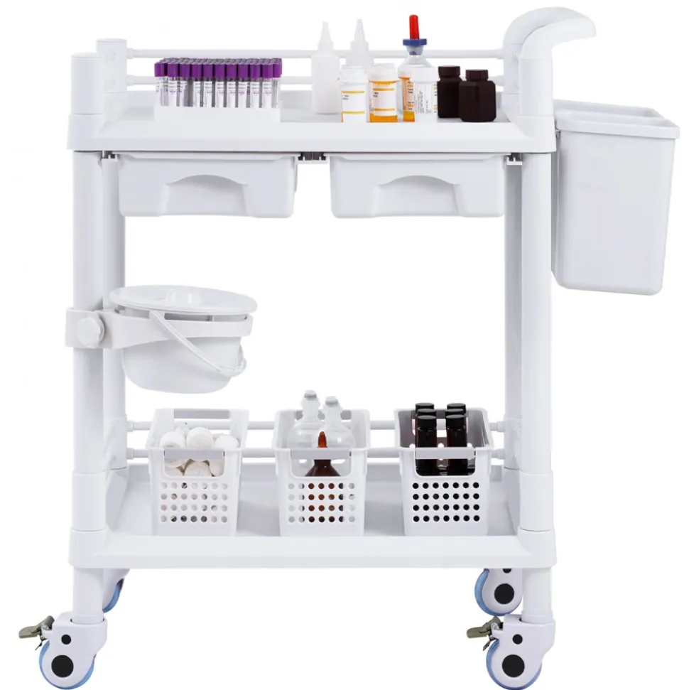 VEVOR 2 Tiers Lab Carts, Lab Utility Cart with 2 Trays, 2 Drawers & 4 Silent Wheels, Mobile Medical Cart with PP Material, Lab Rolling Cart with 3 Trash Cans for Lab, Clinic, Hospital, Salon, White