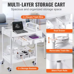 VEVOR 2 Tiers Lab Carts, Lab Utility Cart with 2 Trays, 2 Drawers & 4 Silent Wheels, Mobile Medical Cart with PP Material, Lab Rolling Cart with 3 Trash Cans for Lab, Clinic, Hospital, Salon, White