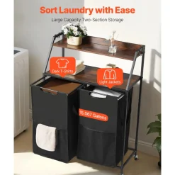 VEVOR 2 Tiers Laundry Sorter, Tall Laundry Hamper with Metal Frame and Wooden Tabletop, 2 Section Rolling Basket Organizer Storage with Ladder Shelves and 600D Oxford Cloth Bags for Dirty Clothes
