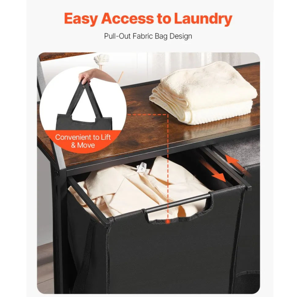 VEVOR 2 Tiers Laundry Sorter, Tall Laundry Hamper with Metal Frame and Wooden Tabletop, 2 Section Rolling Basket Organizer Storage with Ladder Shelves and 600D Oxford Cloth Bags for Dirty Clothes