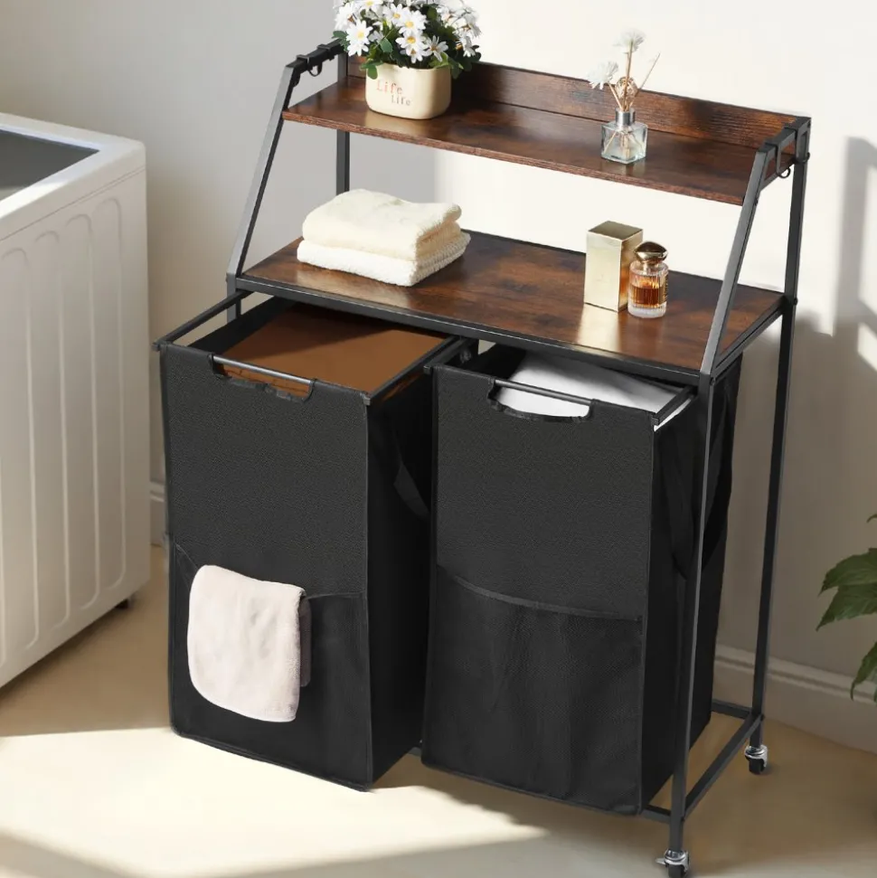 VEVOR 2 Tiers Laundry Sorter, Tall Laundry Hamper with Metal Frame and Wooden Tabletop, 2 Section Rolling Basket Organizer Storage with Ladder Shelves and 600D Oxford Cloth Bags for Dirty Clothes