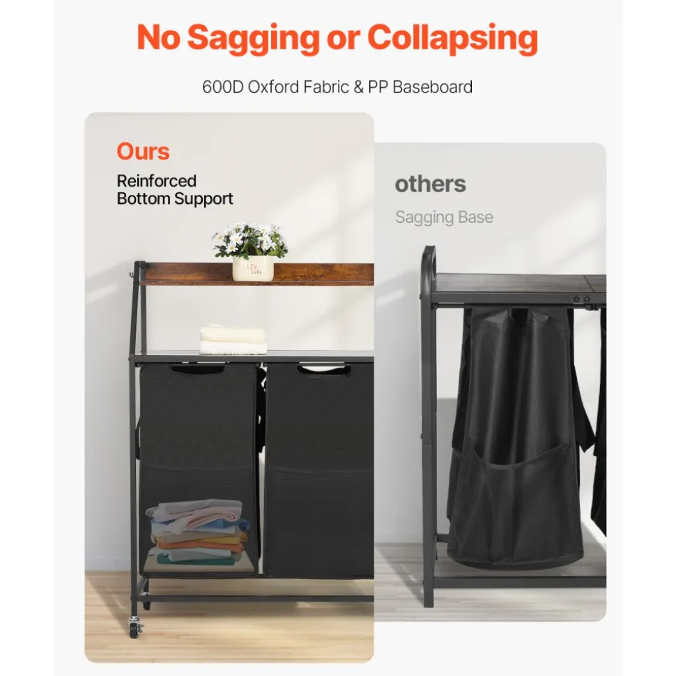 VEVOR 2 Tiers Laundry Sorter, Tall Laundry Hamper with Metal Frame and Wooden Tabletop, 2 Section Rolling Basket Organizer Storage with Ladder Shelves and 600D Oxford Cloth Bags for Dirty Clothes