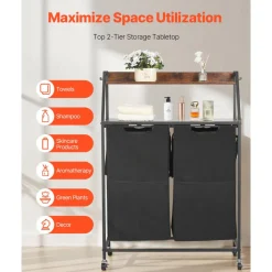 VEVOR 2 Tiers Laundry Sorter, Tall Laundry Hamper with Metal Frame and Wooden Tabletop, 2 Section Rolling Basket Organizer Storage with Ladder Shelves and 600D Oxford Cloth Bags for Dirty Clothes