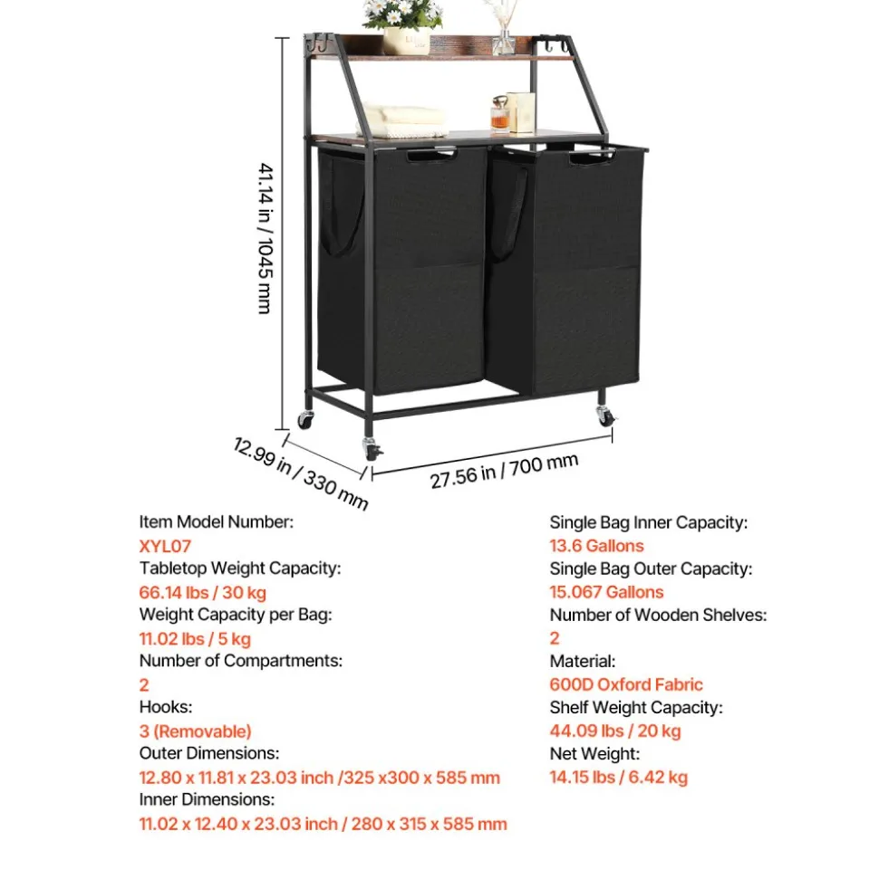 VEVOR 2 Tiers Laundry Sorter, Tall Laundry Hamper with Metal Frame and Wooden Tabletop, 2 Section Rolling Basket Organizer Storage with Ladder Shelves and 600D Oxford Cloth Bags for Dirty Clothes