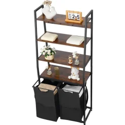 VEVOR 4 Tiers Laundry Sorter, Tall Laundry Hamper with Shelves and Hooks, 2 Section Freestanding Basket Organizer Storage with 600D Oxford Cloth Bags and Ladder Shelves for Dirty Clothes, Bathroom