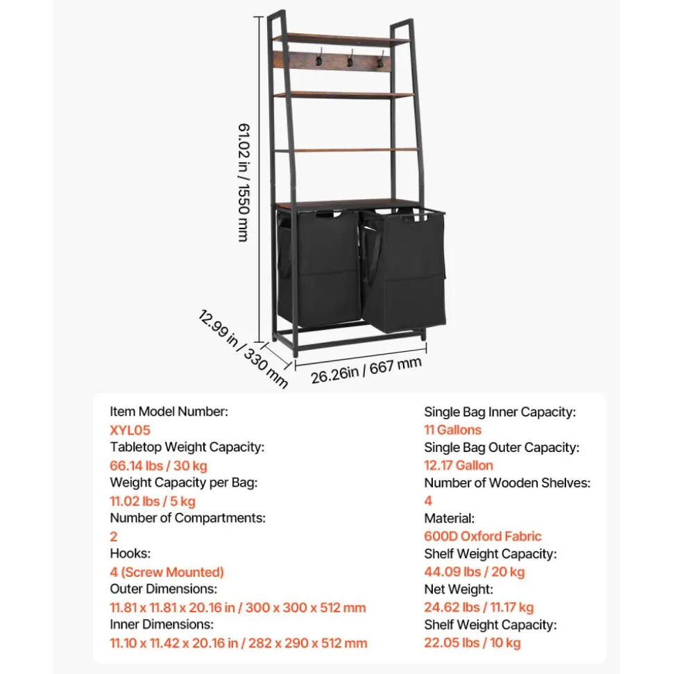 VEVOR 4 Tiers Laundry Sorter, Tall Laundry Hamper with Shelves and Hooks, 2 Section Freestanding Basket Organizer Storage with 600D Oxford Cloth Bags and Ladder Shelves for Dirty Clothes, Bathroom