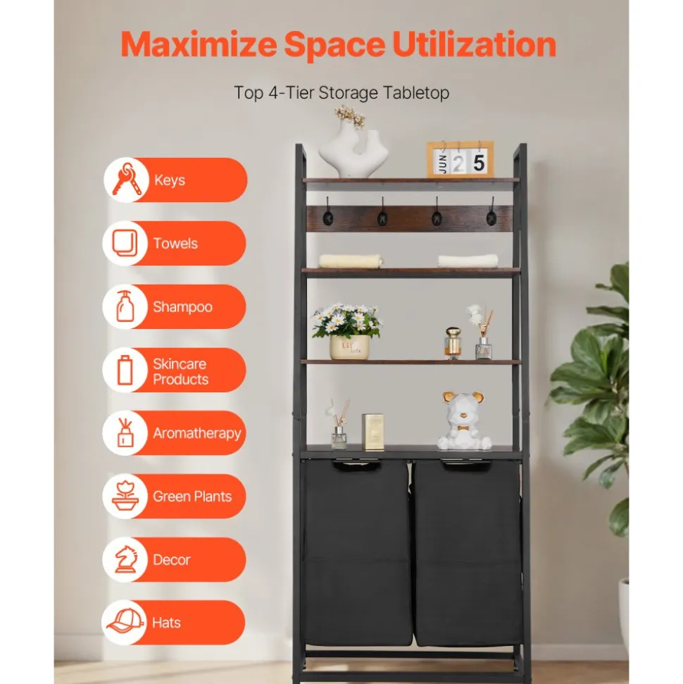 VEVOR 4 Tiers Laundry Sorter, Tall Laundry Hamper with Shelves and Hooks, 2 Section Freestanding Basket Organizer Storage with 600D Oxford Cloth Bags and Ladder Shelves for Dirty Clothes, Bathroom