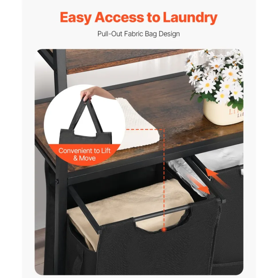 VEVOR 4 Tiers Laundry Sorter, Tall Laundry Hamper with Shelves and Hooks, 2 Section Freestanding Basket Organizer Storage with 600D Oxford Cloth Bags and Ladder Shelves for Dirty Clothes, Bathroom