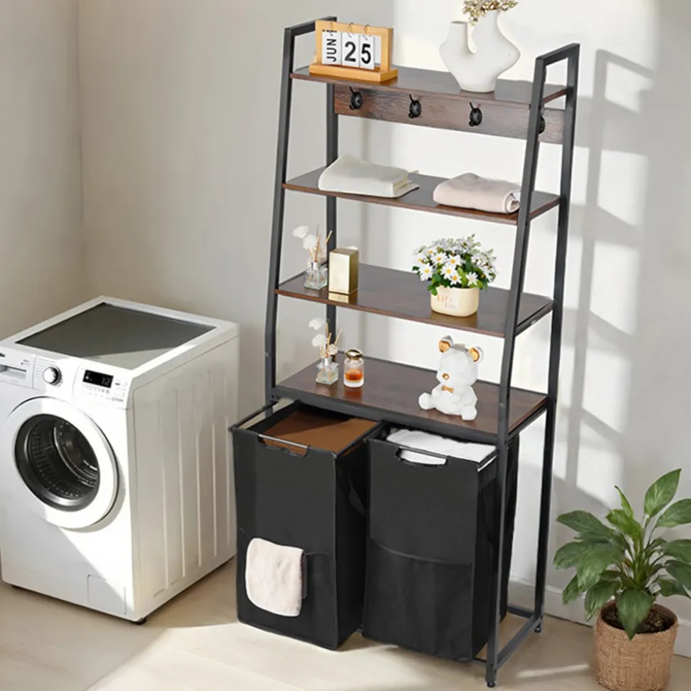 VEVOR 4 Tiers Laundry Sorter, Tall Laundry Hamper with Shelves and Hooks, 2 Section Freestanding Basket Organizer Storage with 600D Oxford Cloth Bags and Ladder Shelves for Dirty Clothes, Bathroom