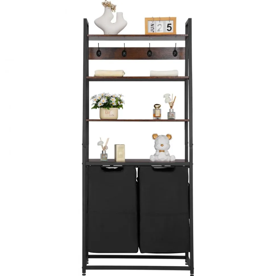 VEVOR 4 Tiers Laundry Sorter, Tall Laundry Hamper with Shelves and Hooks, 2 Section Freestanding Basket Organizer Storage with 600D Oxford Cloth Bags and Ladder Shelves for Dirty Clothes, Bathroom