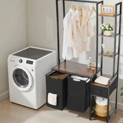 VEVOR 3 Tiers Laundry Sorter with Rack, Tall Laundry Hamper with Shelves and Drawers, 2 Section Freestanding Hanging Rack Storage with 600D Oxford Cloth Bags and Ladder Shelves for Dirty Clothes